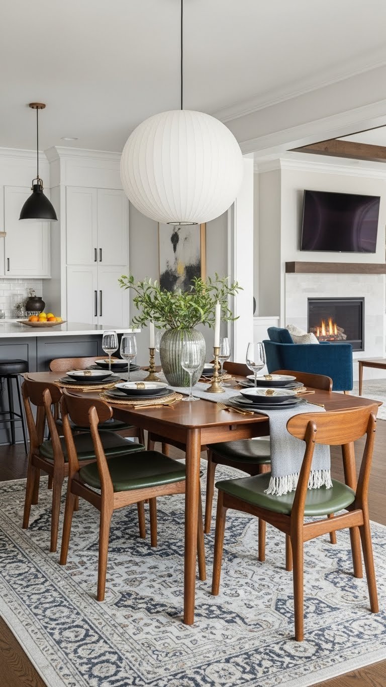 Mid-century modern dining area with unique pendant light, high-backed chairs, and a gas fireplace in open concept living.