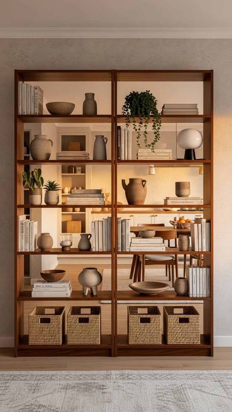 Mid-century modern double-sided bookcase room divider, filled with books, plants, separating living and dining areas.