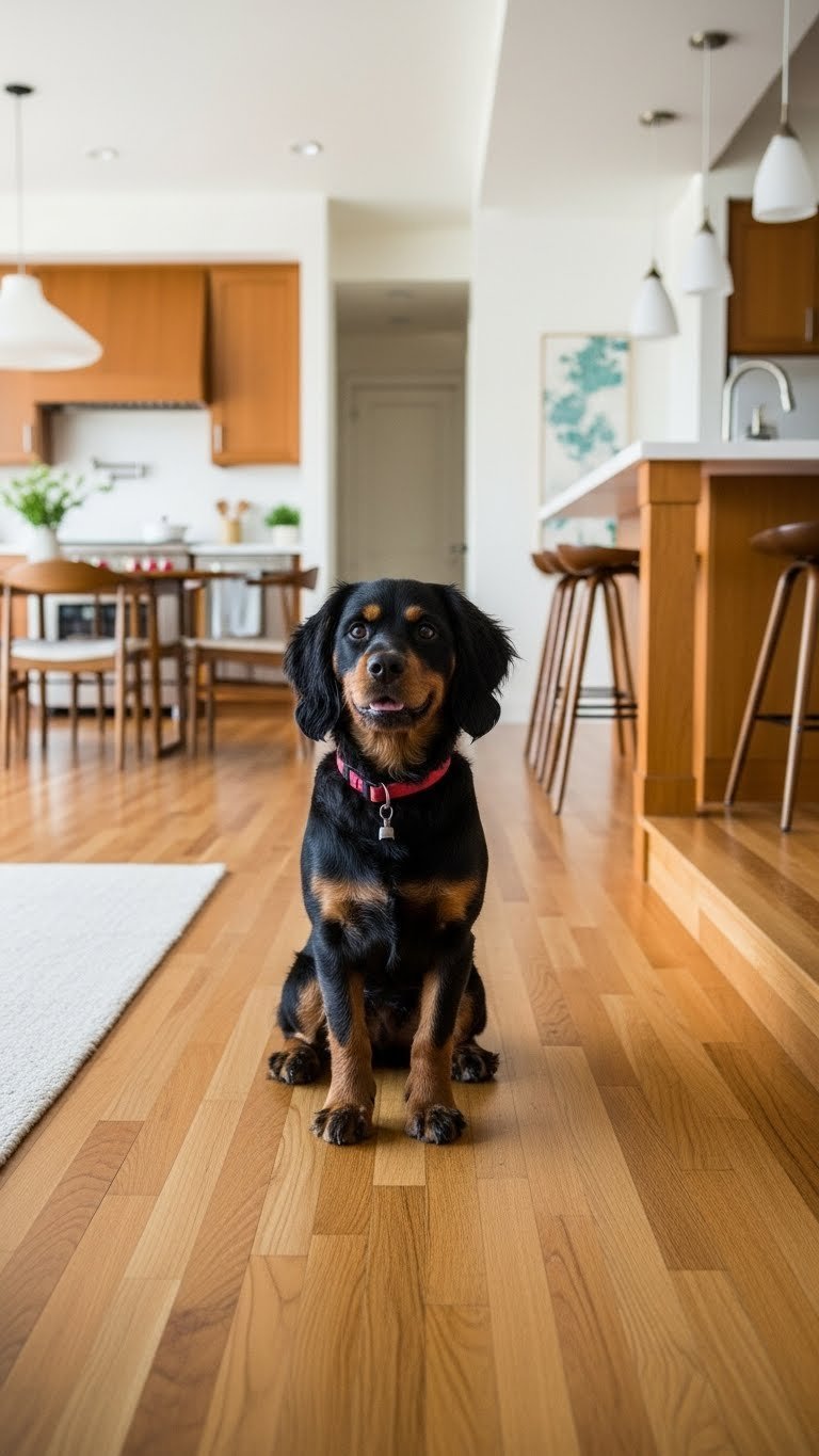 Mid-century modern open concept living room and kitchen with continuous hardwood flooring, wool rug, sleek chairs. Warm tones.