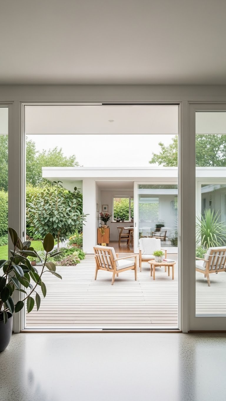 Mid-century modern open living room, patio with large windows, teak deck, unified floor. Indoor-outdoor biophilic design.