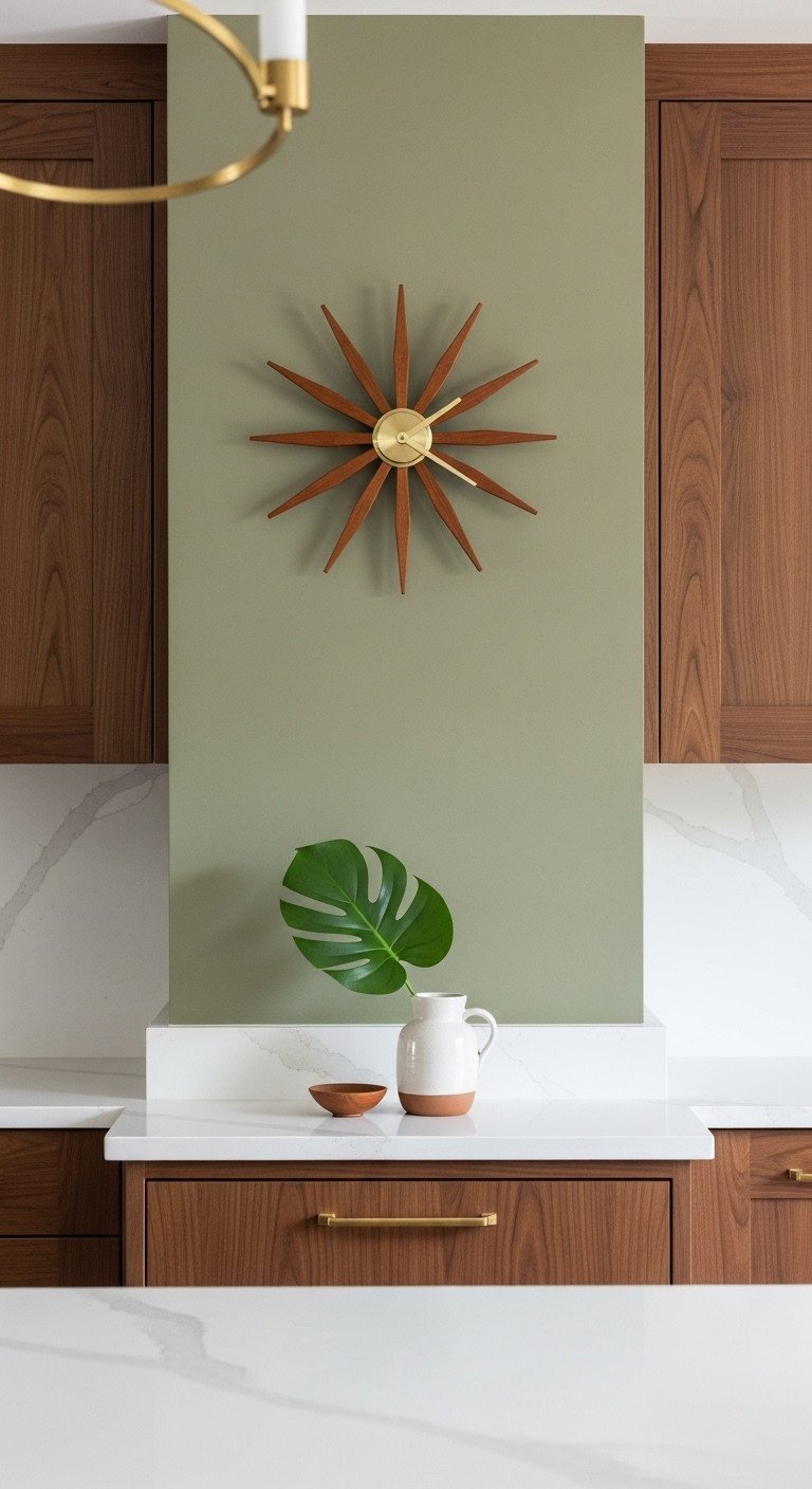 Mid-century modern starburst clock with teak wood and brass rays hanging on a muted olive green kitchen wall over cabinets.