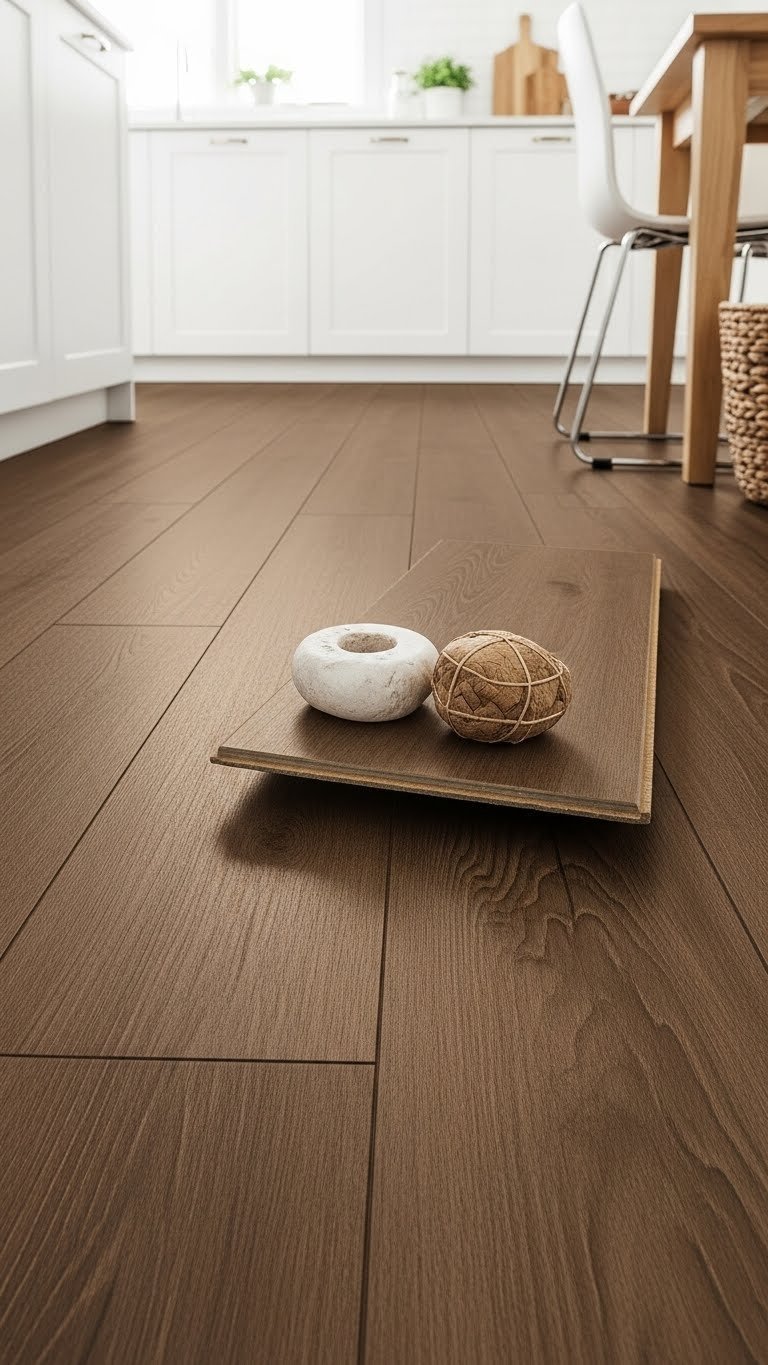 Mid-tone laminate floor runs continuously through contemporary open kitchen and living room, clean lines, modern, bright design.