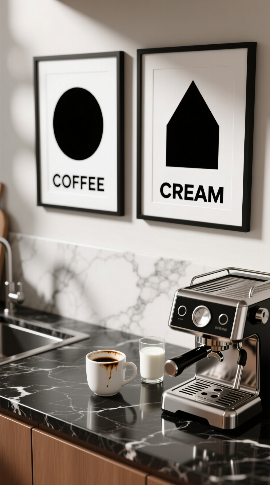Minimalist 'COFFEE' and 'CREAM' typography prints hanging above a modern kitchen coffee bar with a dark marble countertop.