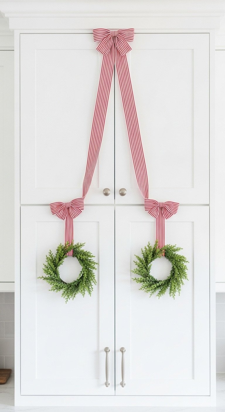 Minimalist Christmas kitchen decor: green wreaths with red striped ribbon on high-gloss white upper cabinets, bright and airy.
