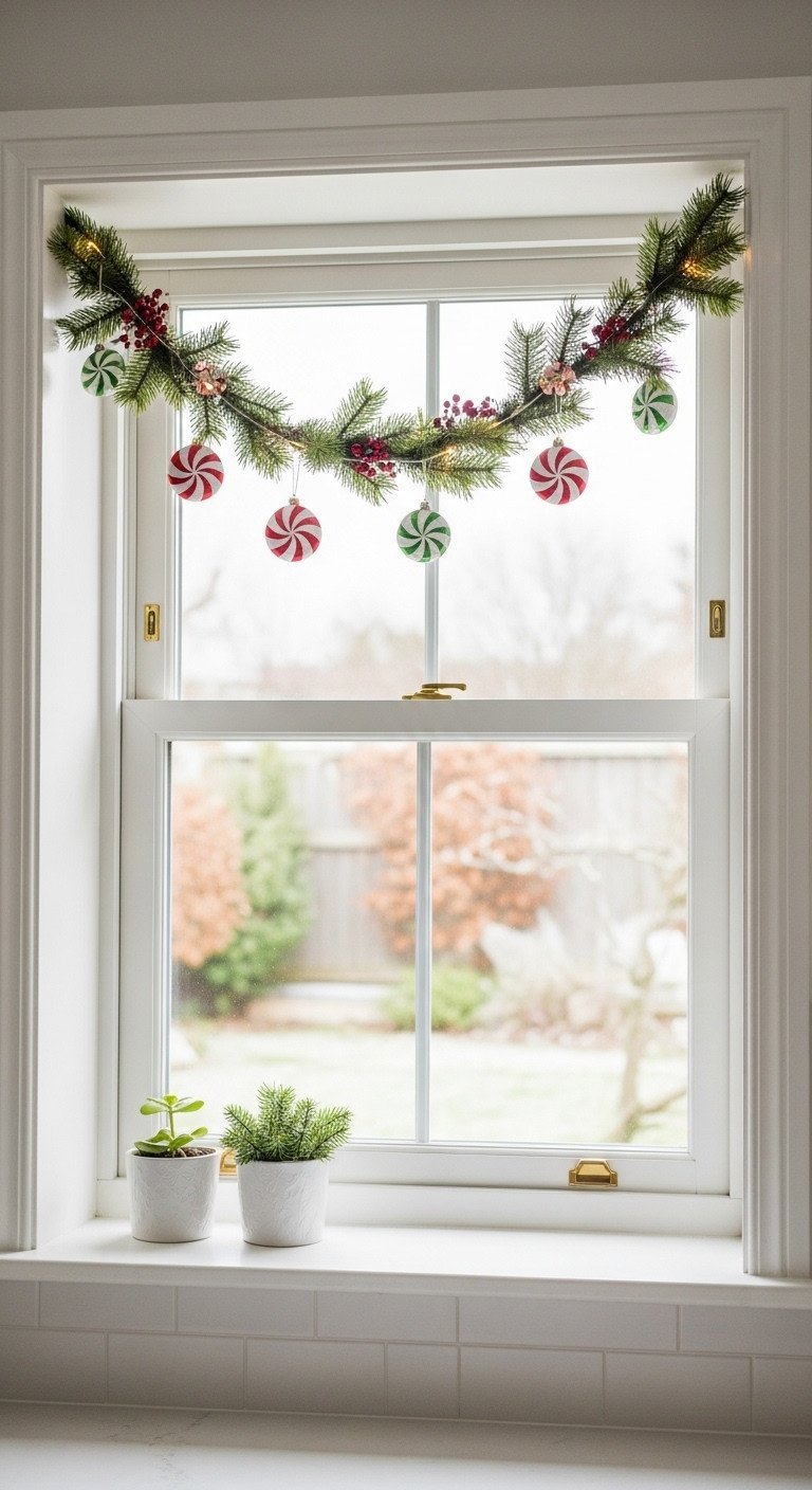 Minimalist Christmas kitchen window decor: faux pine garland with peppermint sprays and fairy lights draped on the frame.