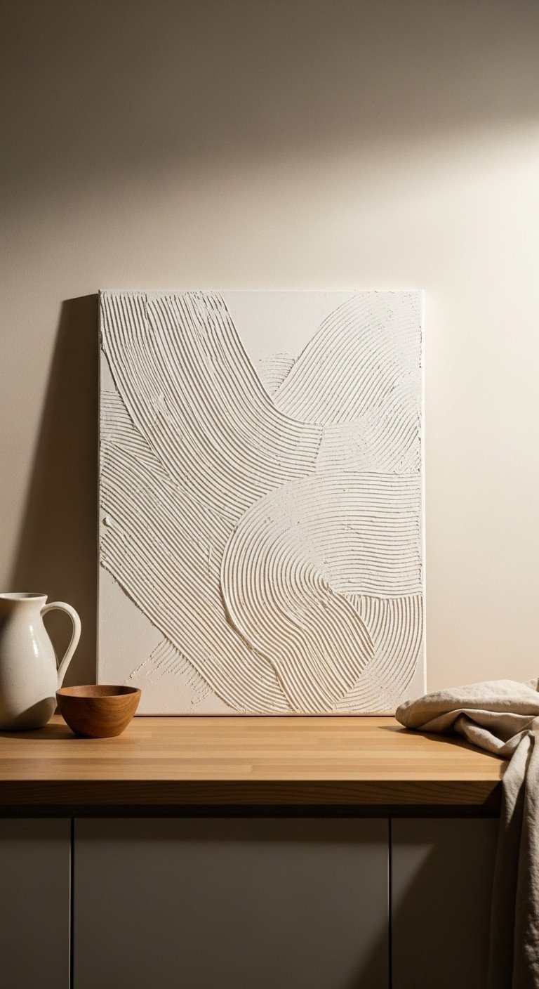 Minimalist DIY textured plaster art on canvas with sweeping patterns leaning against a beige wall on a wooden counter.