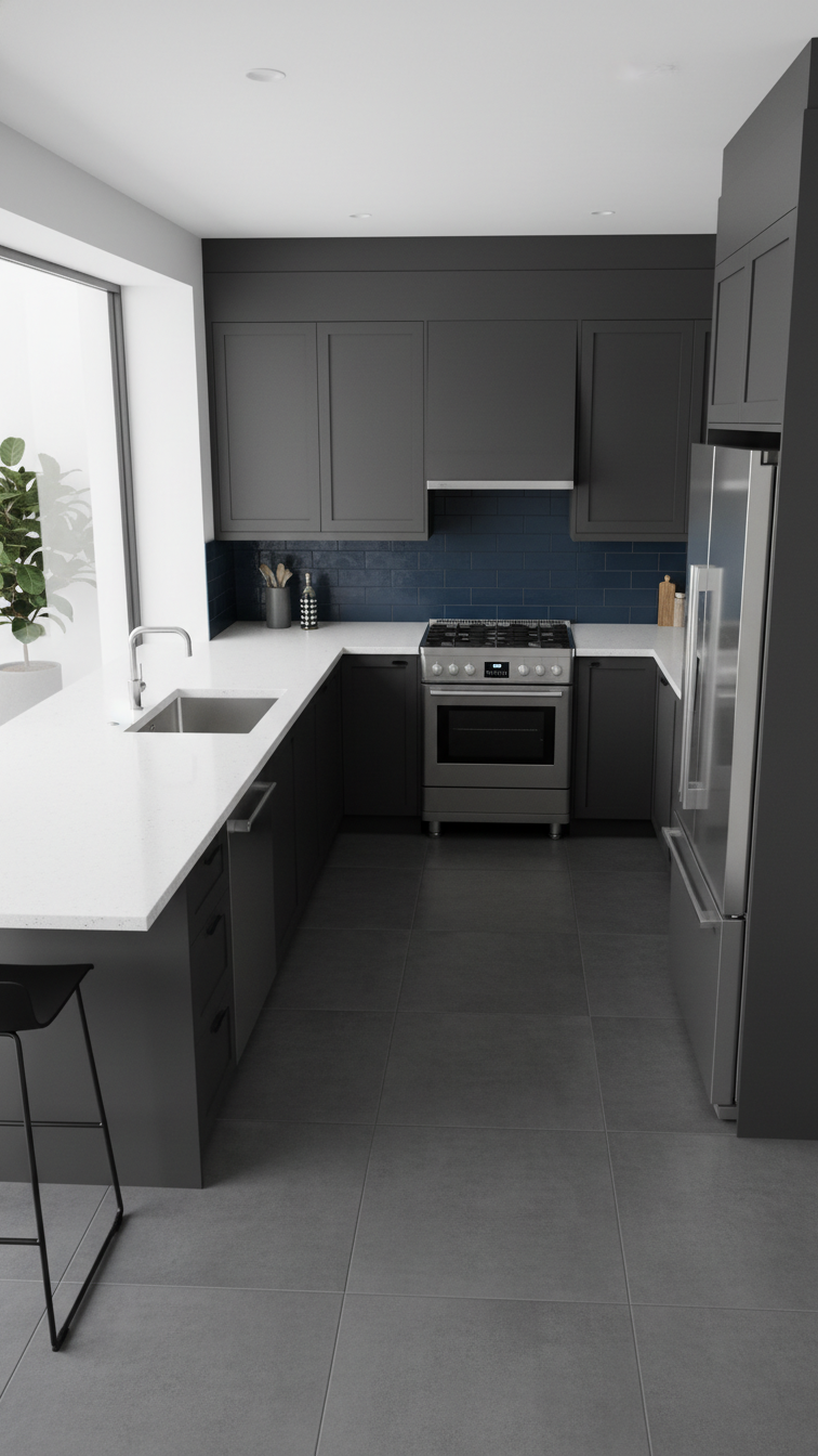 Minimalist U-shaped kitchen with dark flat-panel cabinets, ergonomic layout of sink, range, fridge, and sleek integrated appliances.