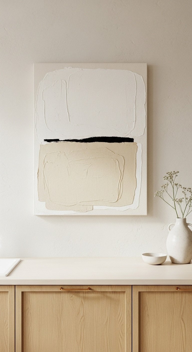Minimalist abstract canvas with cream, beige, and black brushstrokes on a Japandi kitchen wall above a light oak countertop.