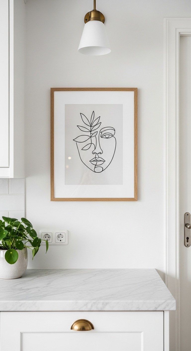 Minimalist abstract line art in a light oak frame on a Scandinavian kitchen wall above a marble counter with a green plant.