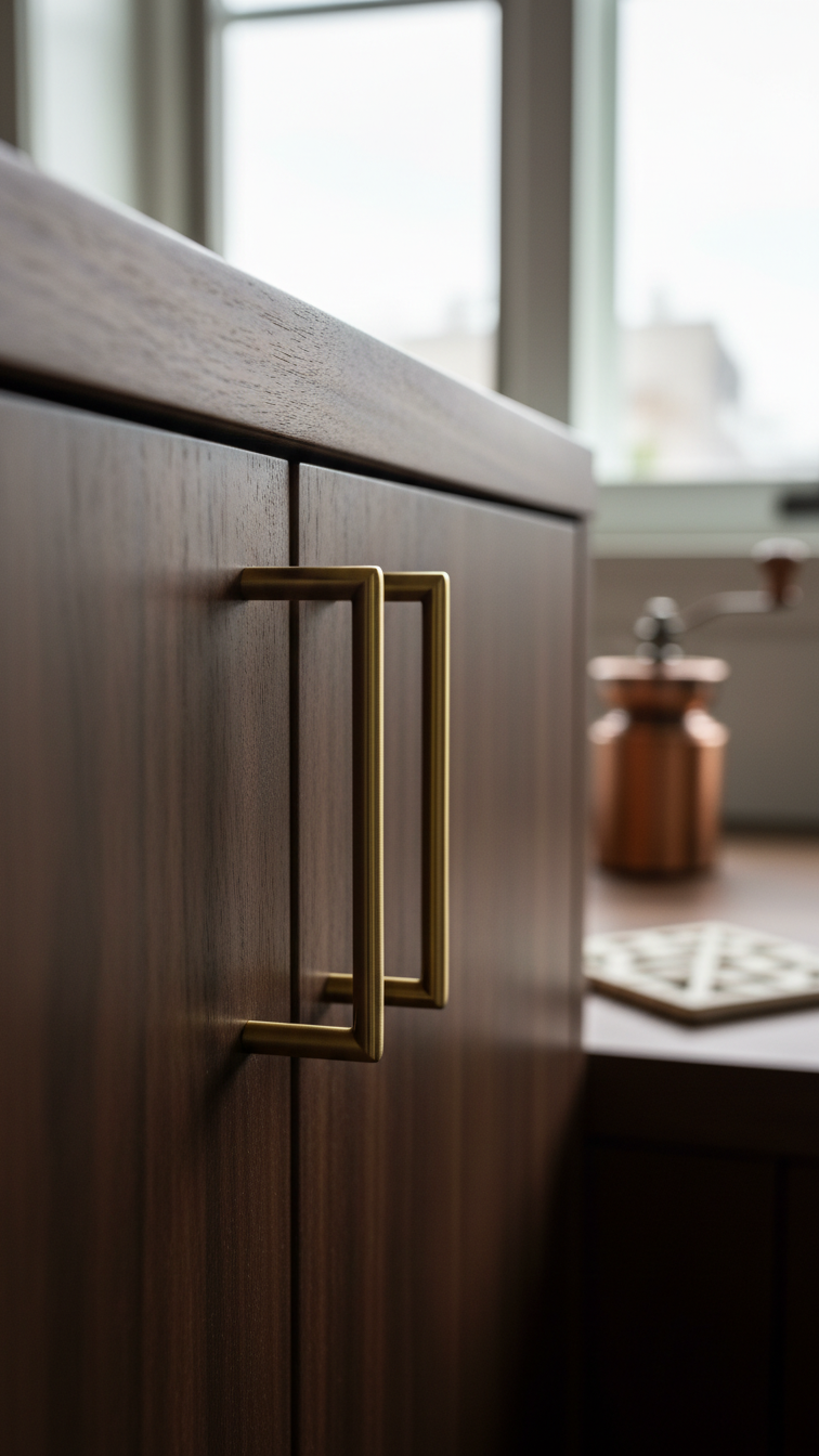 Minimalist brass finger pull handles horizontally mounted on rich walnut kitchen cabinetry, highlighting dark wood grain.