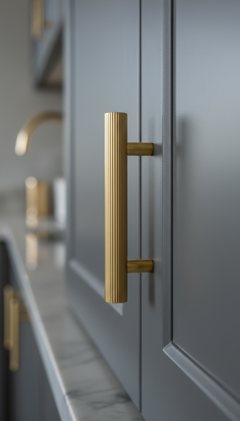 Minimalist brass reeded cabinet pull on dark cabinet, intricate vertical lines, dramatic lighting, elegant kitchen hardware, sleek design.