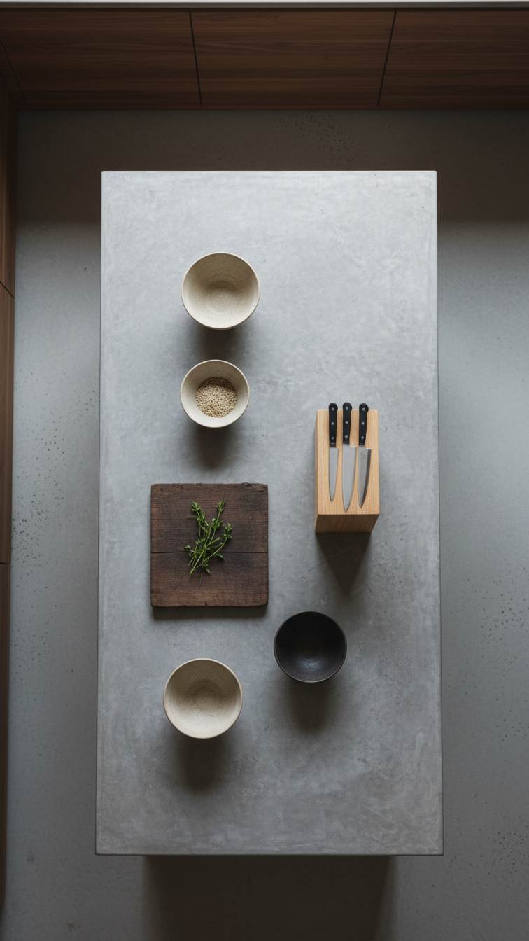 Minimalist concrete kitchen island with clean lines, contrasting with dark wood cabinetry in a serene Japandi kitchen, cool gray.
