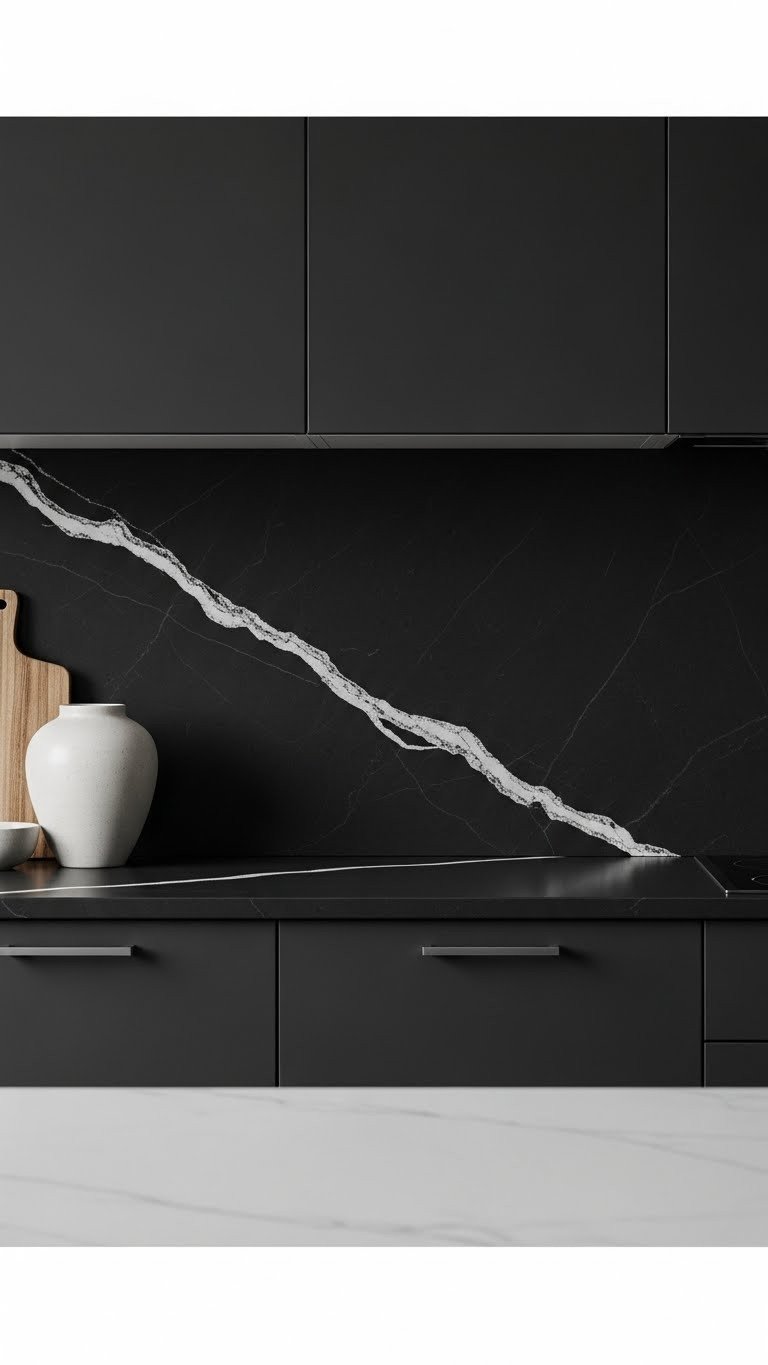 Minimalist dark kitchen with seamless quartz slab backsplash, subtle veining, dark countertops, and a modern ceramic vase.