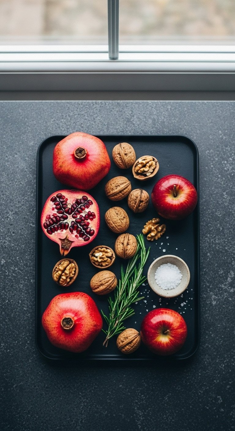 Minimalist edible Christmas display on a dark slate tray with fresh pomegranates, red apples, and walnuts.