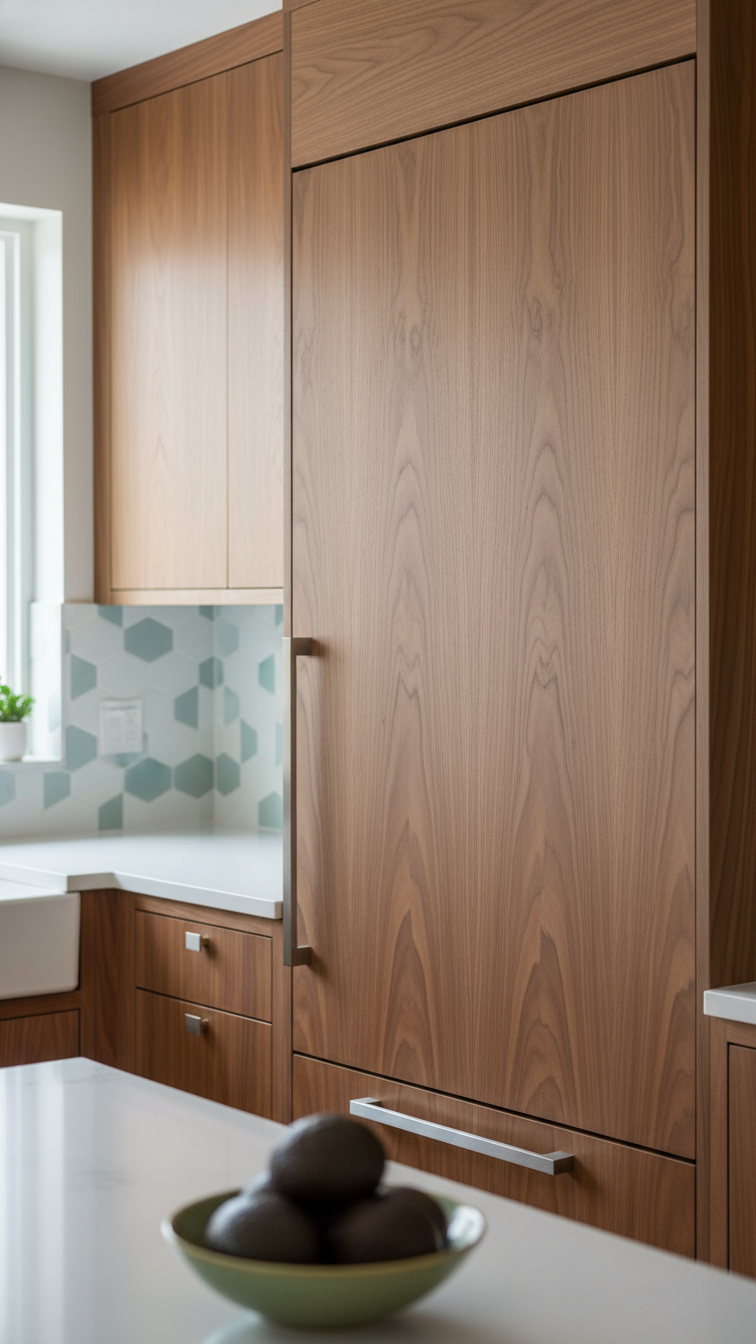 Minimalist, fully integrated refrigerator hidden behind a sleek flat-front walnut panel in a mid-century kitchen.
