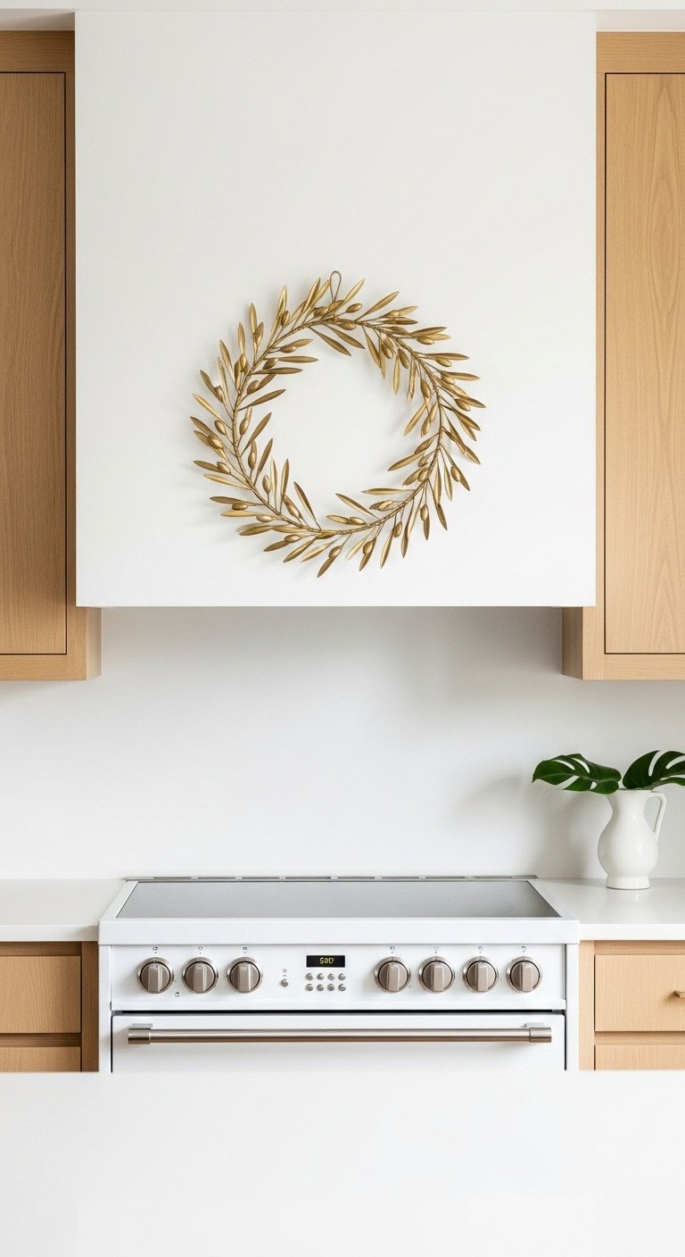 Minimalist gold metal olive branch wreath hanging on a white wall above a stove in a Scandinavian-style kitchen.