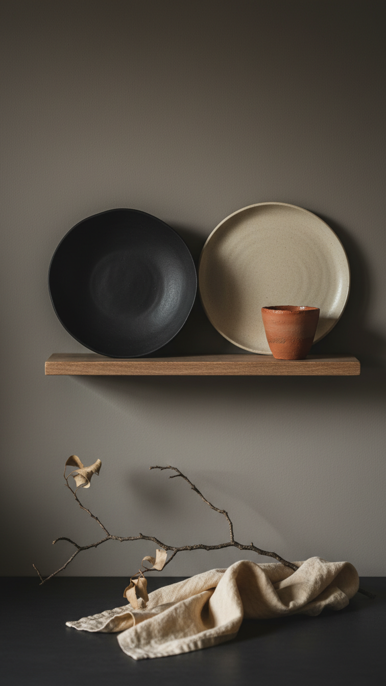 Minimalist handmade ceramic tableware in earthy tones (cream, terracotta) displayed on a dark countertop in a Japandi kitchen.