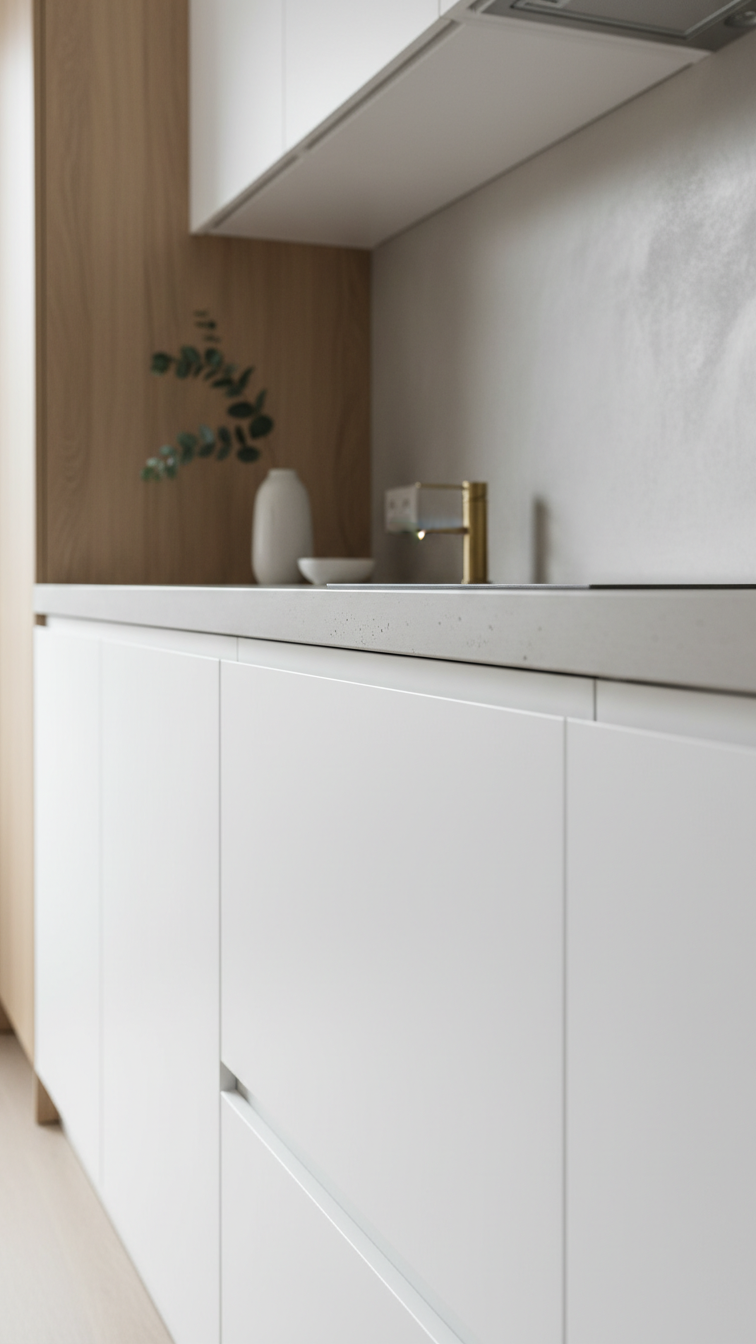Minimalist hidden kitchen featuring integrated dishwasher drawer in flush handleless white oak cabinetry with light concrete counter.