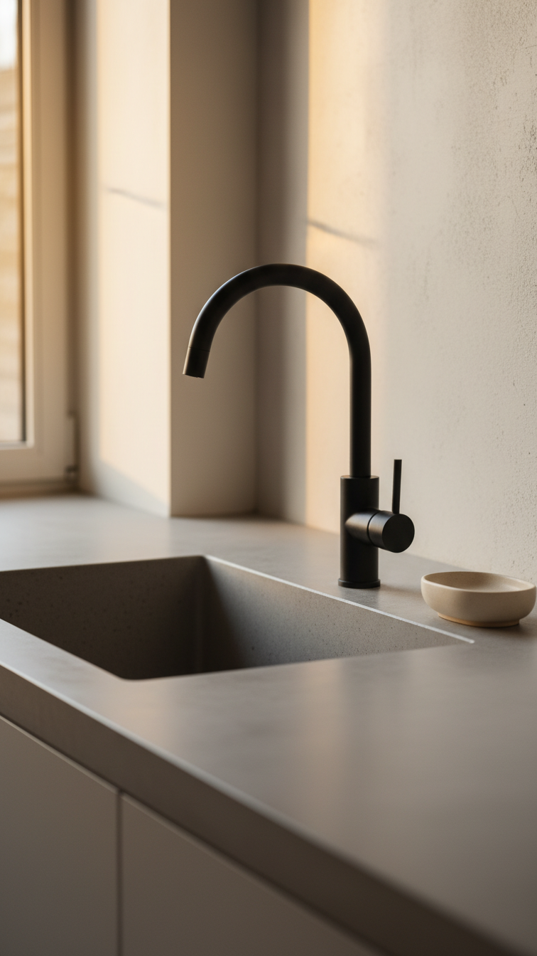 Minimalist kitchen faucet and sink: matte black pull-down faucet over a deep concrete sink on an uncluttered countertop.