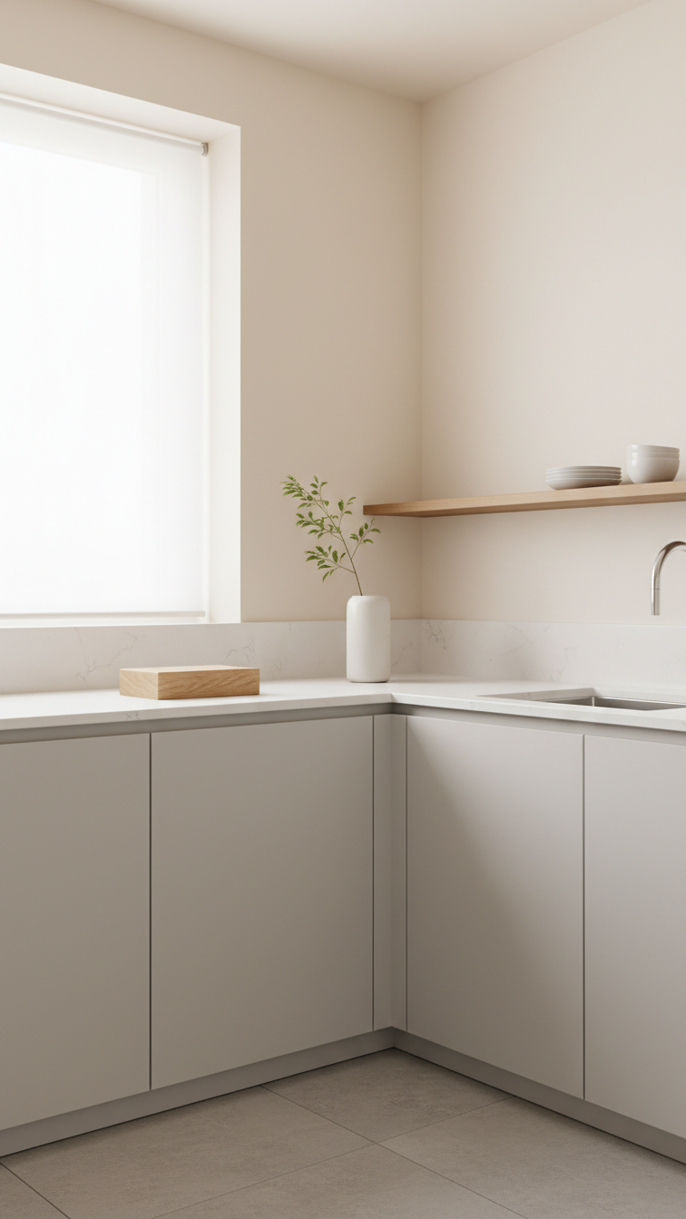 Minimalist kitchen featuring warm cream walls and cool light gray cabinets, bright daylight, subtle color contrast, sophisticated neutral design.