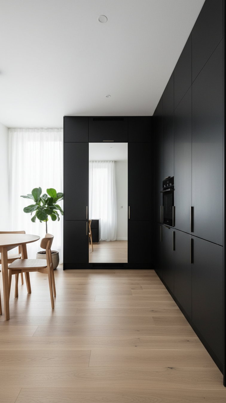Minimalist kitchen: floor-to-ceiling black cabinets opposite large window, crisp white walls, light wood floor, potted plant.