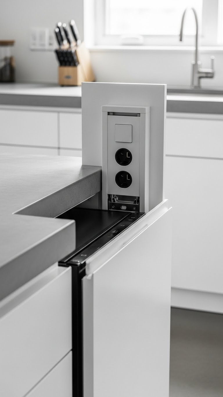 Minimalist kitchen island: concealed appliances, pop-up outlet. Concrete, flat-panel cabinets. Monochromatic white & gray.