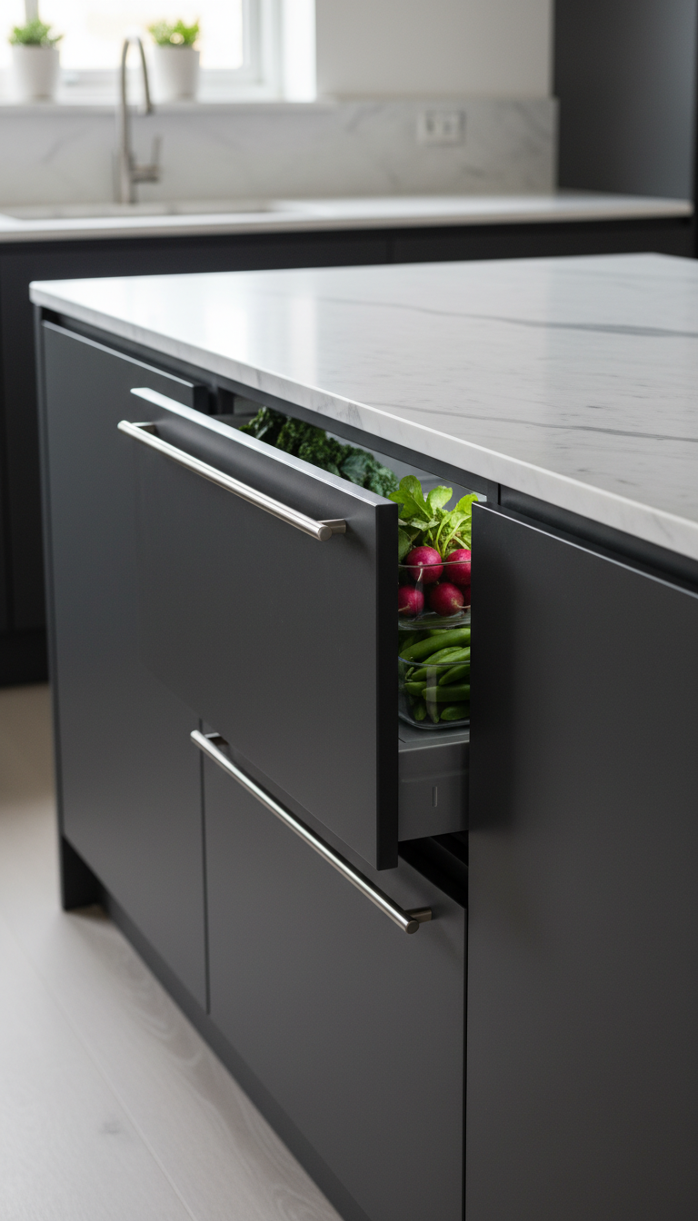 Minimalist kitchen island with concealed dark gray pull-out refrigerator drawers, one open revealing fresh produce, marble countertop.