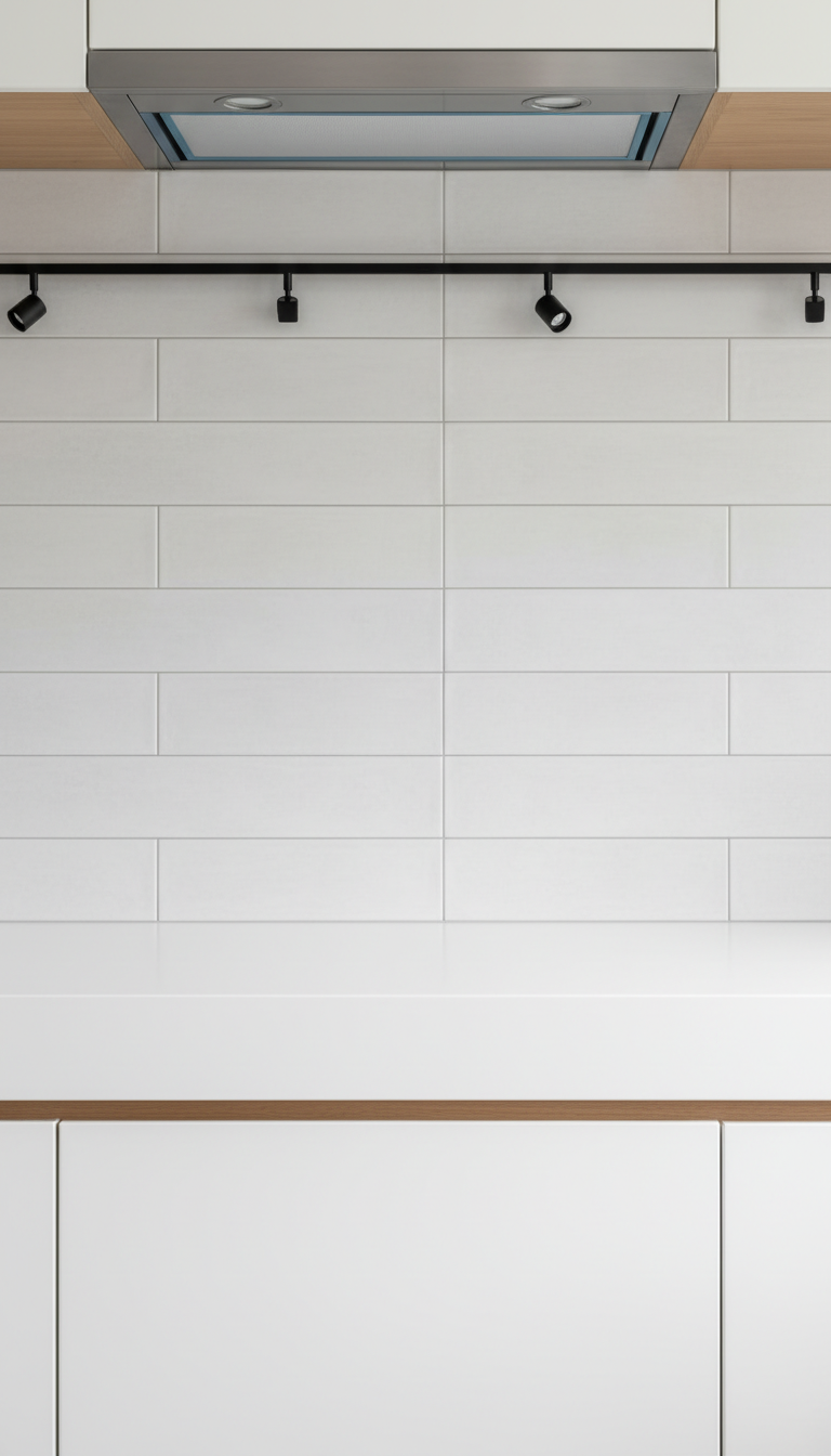 Minimalist kitchen wall with long rectangular large format tiles in stacked bond, showcasing clean design lines and modern white cabinetry.