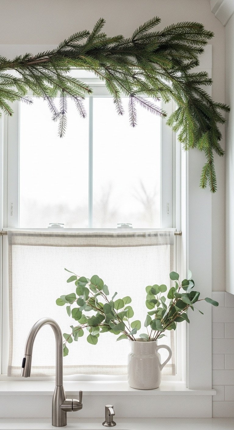 Minimalist kitchen window decor: fir branches draped on a white frame, bright natural light, subtle outdoor landscape, linen curtain.