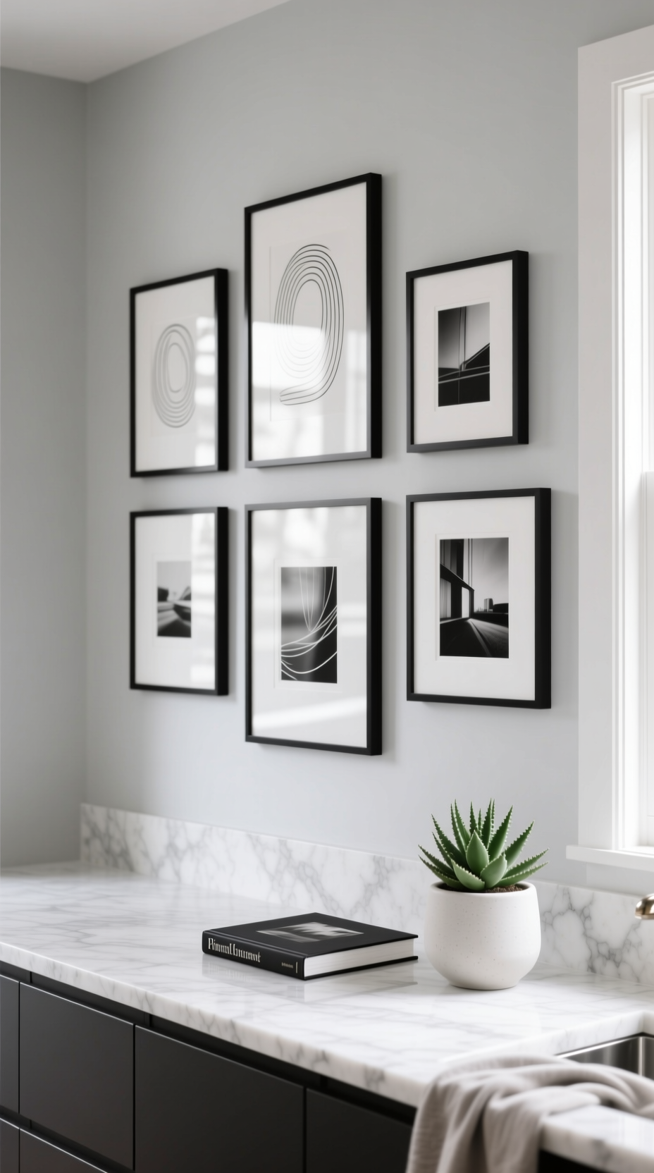 Minimalist kitchen with a gallery wall of black frames and abstract line art above a clean, white quartz countertop.