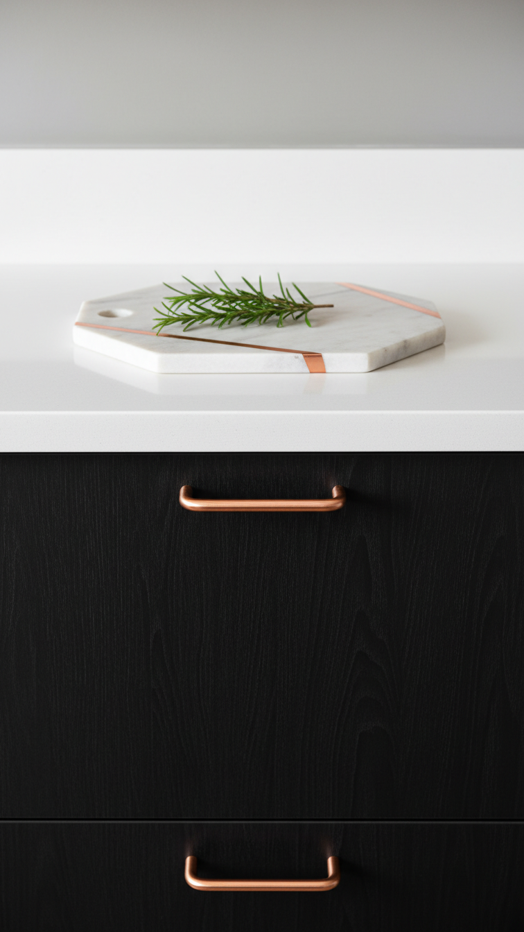 Minimalist kitchen with matte black wood grain cabinets, pristine white quartz countertop, sleek copper pulls, modern design.