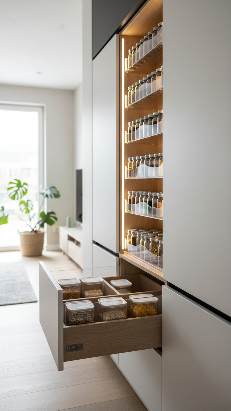 Minimalist kitchen with organized hidden storage, spice drawer, pull-out pantry, integrated LED. Handleless cabinets, white, wood.