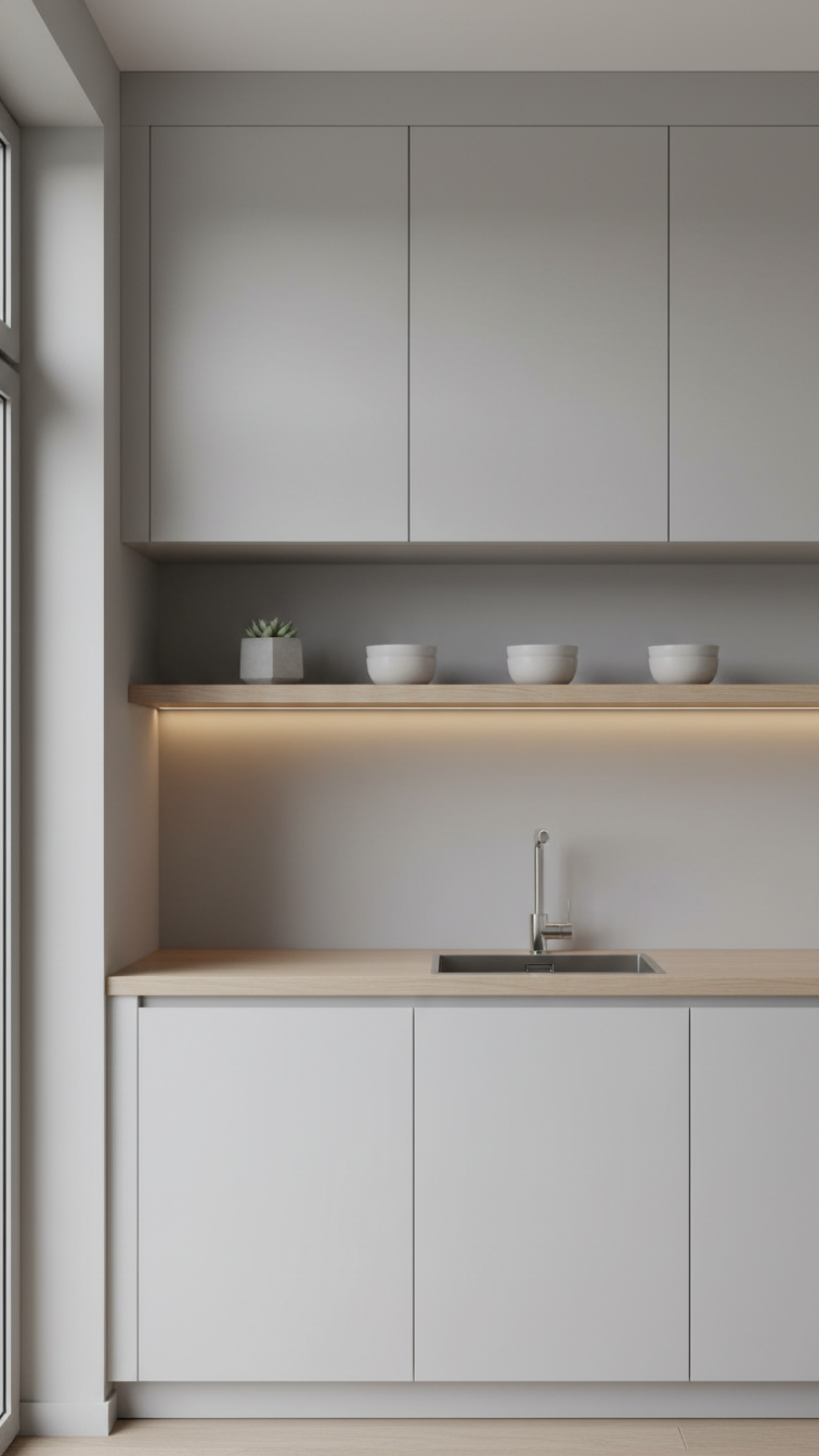 Minimalist kitchen with seamless matte white flat-panel cabinets, handleless design, integrated surface, natural light, modern kitchen aesthetic.