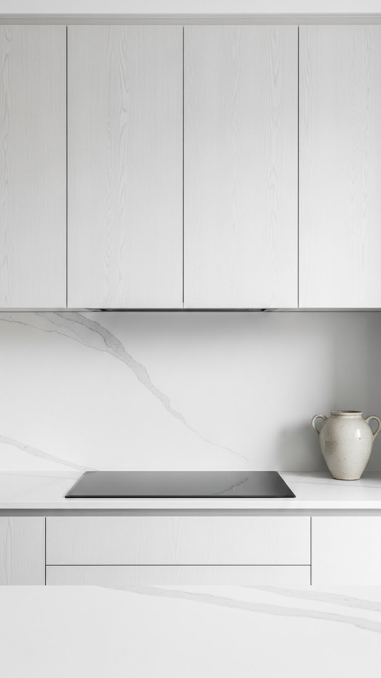 Minimalist kitchen with seamless white hidden cabinetry, no handles, sleek induction cooktop, white marble counter, modern design.