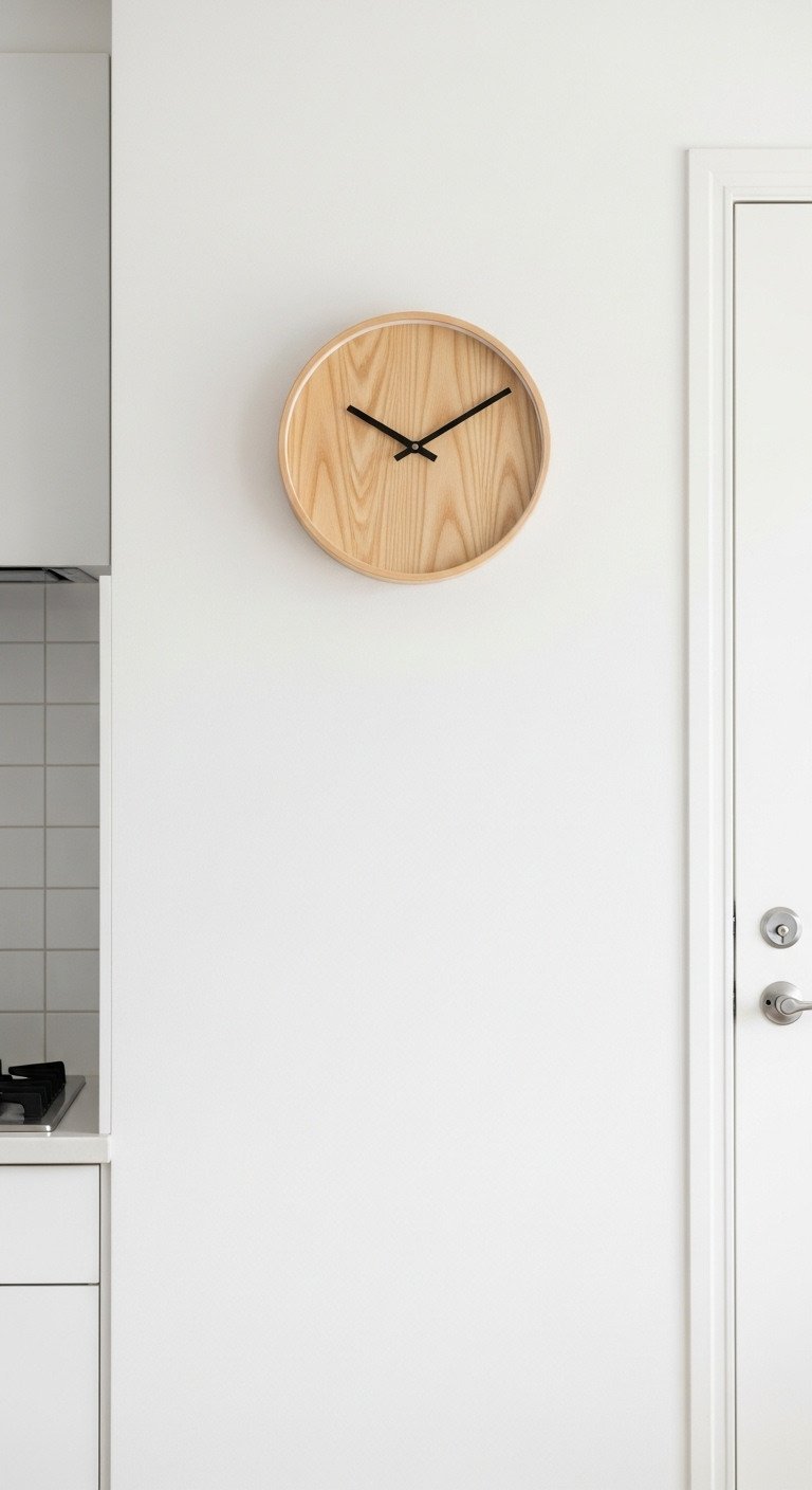 Minimalist light wood wall clock with no numbers and black hands, serving as functional wall art in a clean Japandi kitchen.