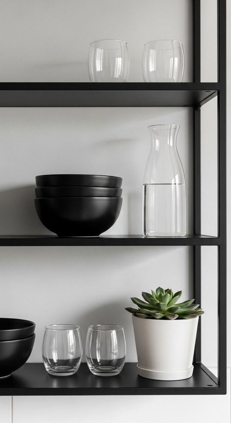 Minimalist matte black floating shelves on a gray wall, holding black ceramic bowls, a glass carafe, and a succulent.