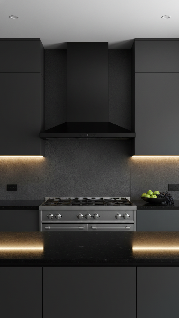 Minimalist matte black metal range hood, sleek contemporary kitchen design with dark grey stone backsplash, granite, and steel range.