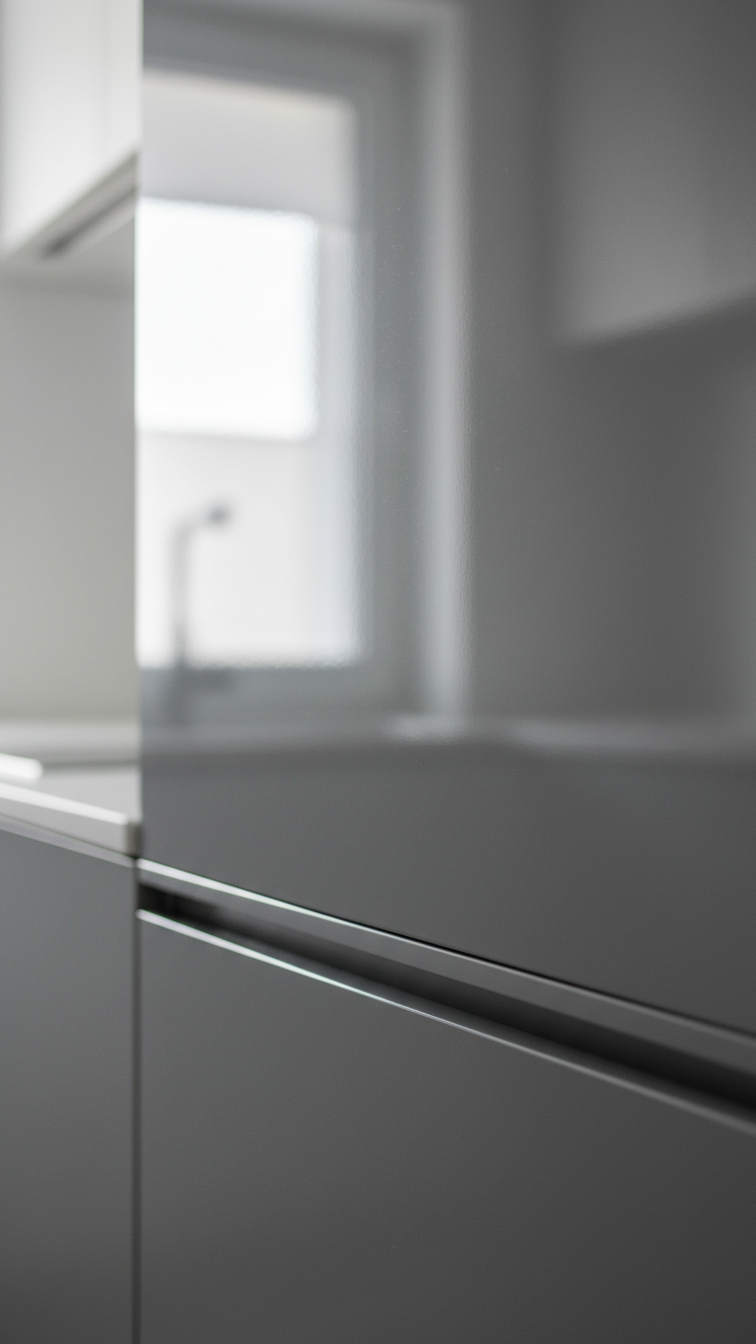 Minimalist modern kitchen features sleek flat-front slate gray cabinetry with invisible integrated pulls, highlighting modern design.