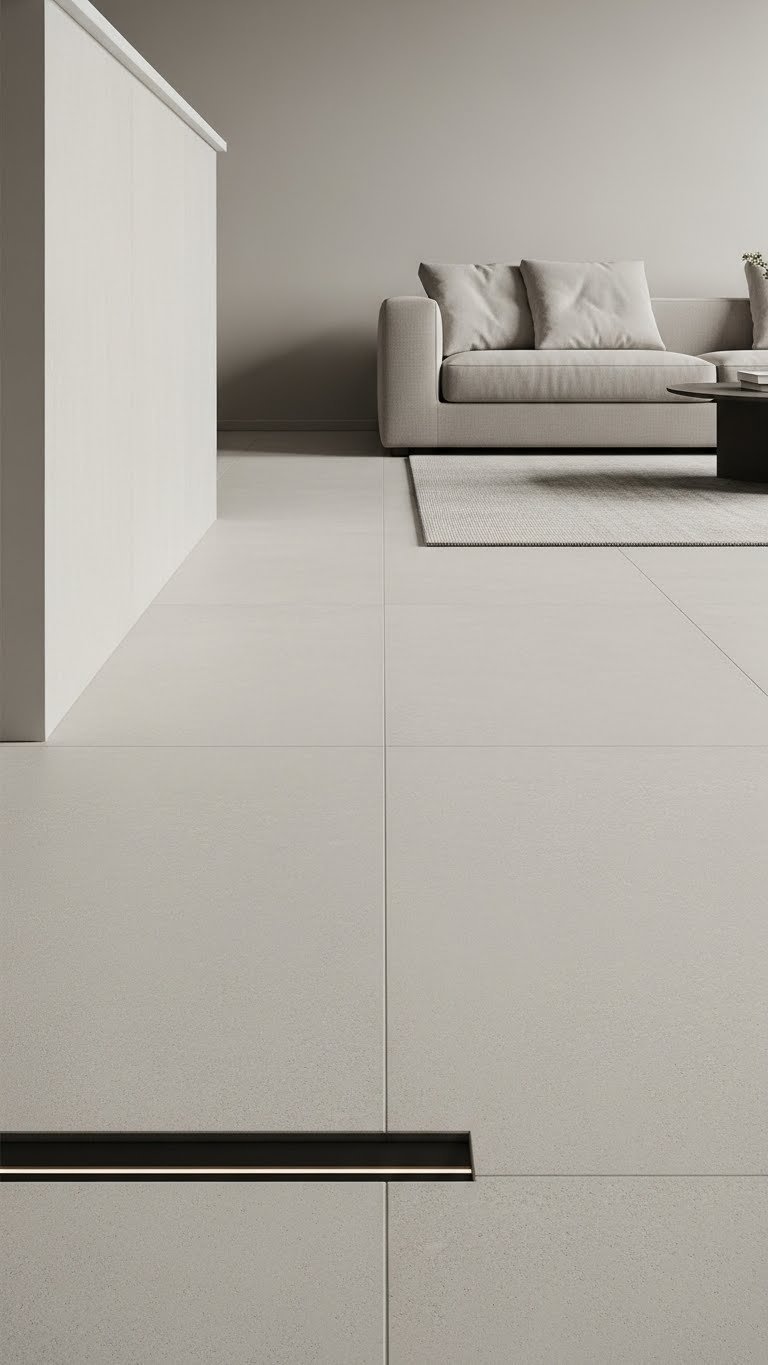 Minimalist open plan with seamless light gray large-format porcelain tile flooring connecting kitchen and living room, modern sectional.