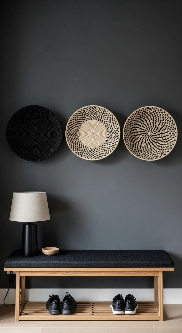 Minimalist row of three distinct woven baskets hung on a charcoal gray wall above a modern light wood entryway bench.