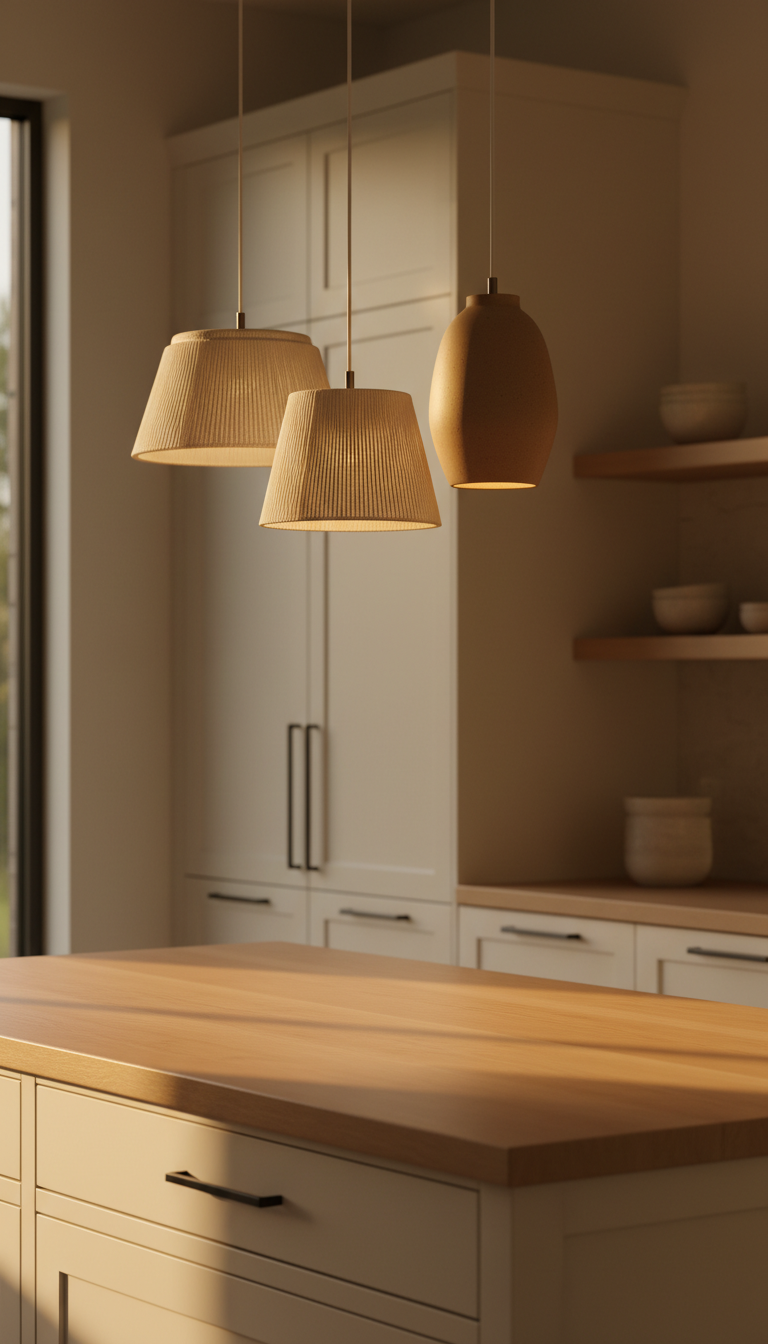 Minimalist sculptural natural fiber pendant lighting over wooden kitchen island. Elegant, modern organic design, warm glow.