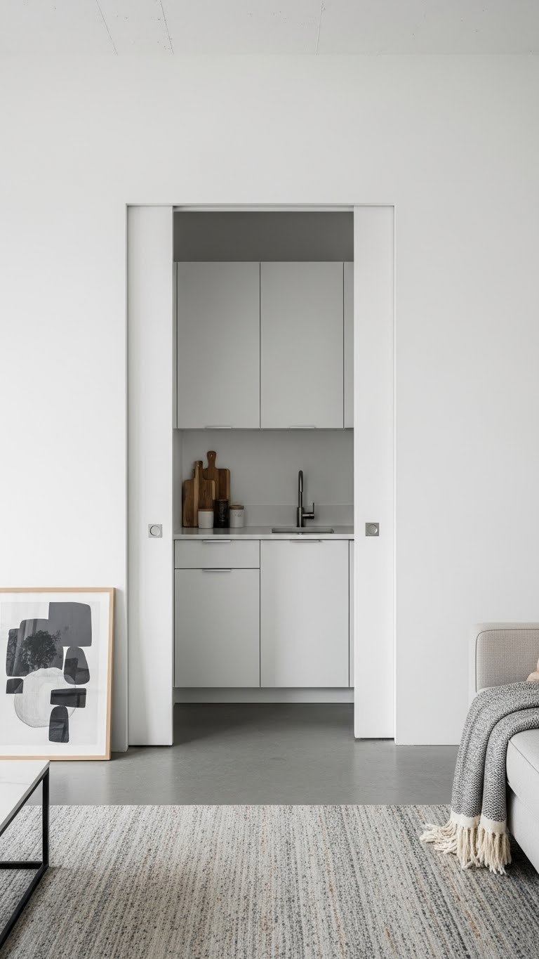 Minimalist studio living room with flush pocket doors hiding kitchenette, featuring cozy sofa and concrete floor.