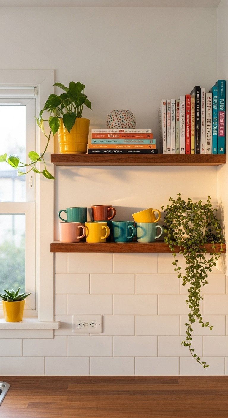 Minimalist teak floating shelves on a white tile wall styled with colorful mugs and a plant in a mid-century modern kitchen.