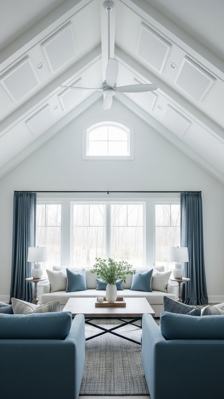 Minimalist vaulted ceiling with discreet acoustic panels and a large ceiling fan. Open living space with white and blue accents, serene feel.