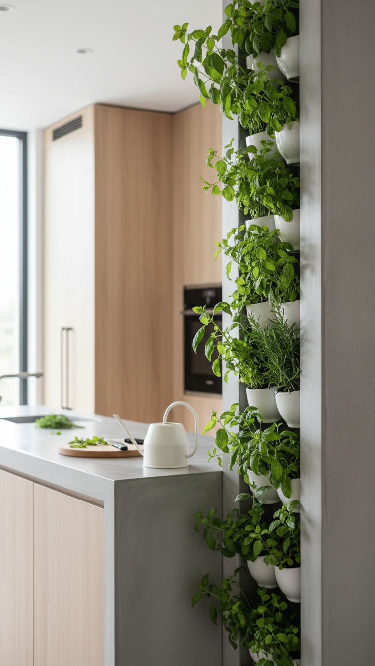 Minimalist vertical indoor herb garden integrated into a modern kitchen wall, with lush green herbs against neutral backdrop on concrete.