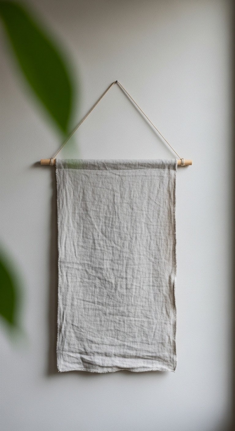 Minimalist wabi-sabi wall hanging made of natural linen fabric on a wooden dowel, adding soft texture to a Japandi wall.
