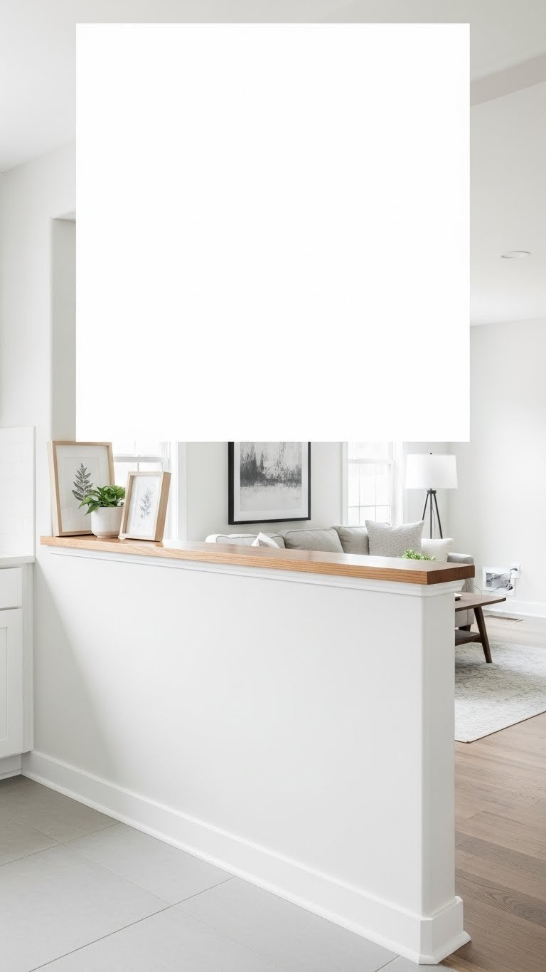 Minimalist white half wall (pony wall) with wooden ledge, separating a modern kitchen and contemporary living room.