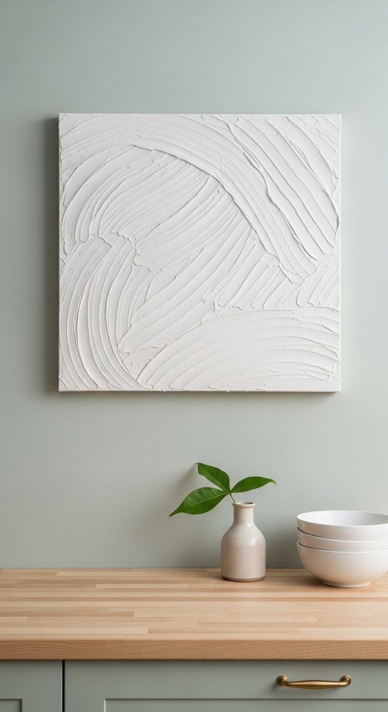 Minimalist white plaster art with sculptural arcs hangs on a sage green kitchen wall over a light wood countertop.