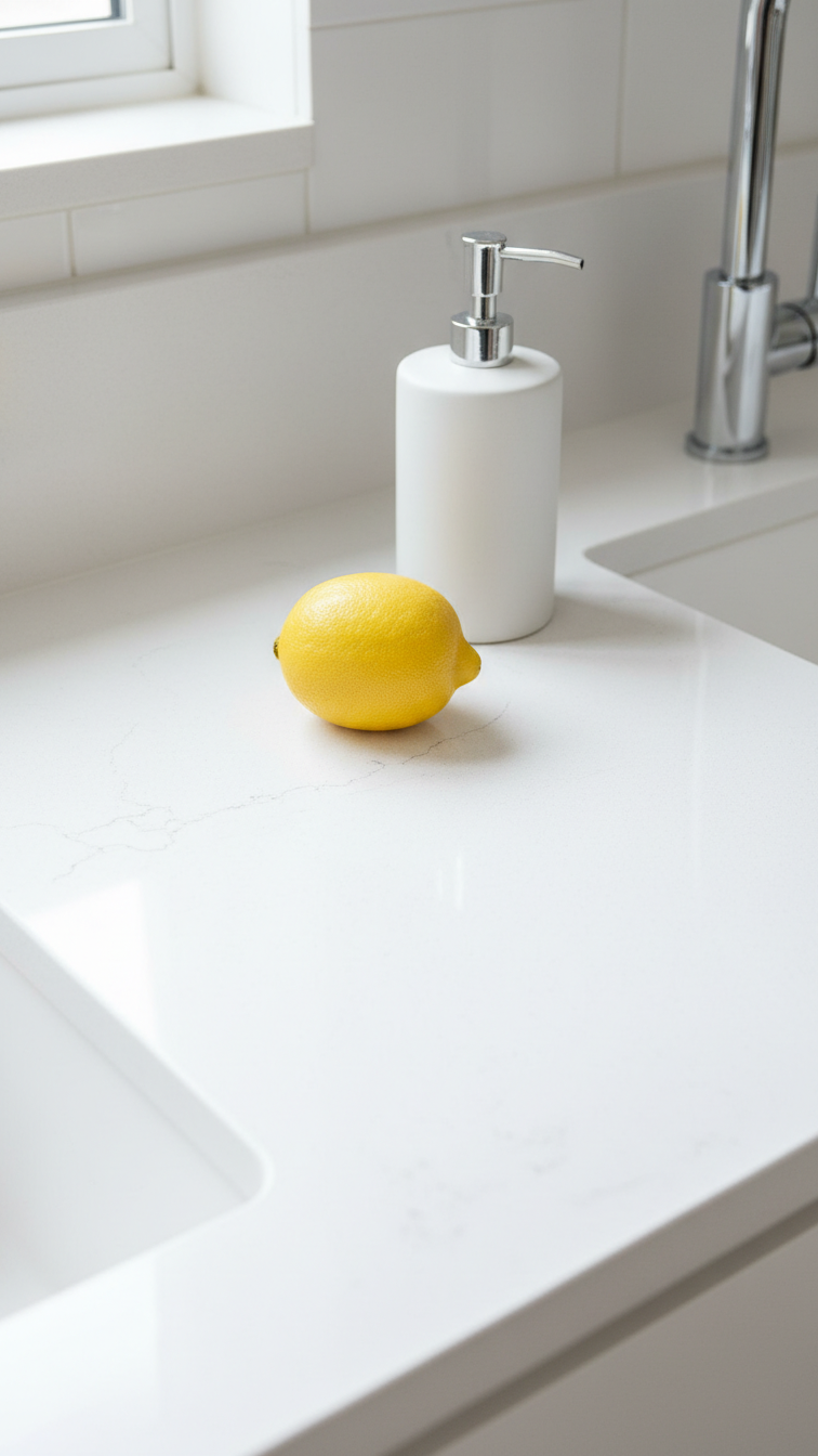 Minimalist white quartz kitchen countertop with subtle gray veining, clean edges, and a sleek chrome faucet under bright daylight.