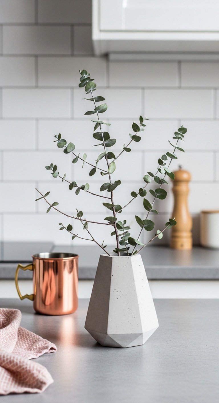 Minimalist winter foliage in geometric concrete vase on gray counter, contemporary Christmas decor, sophisticated elegance.